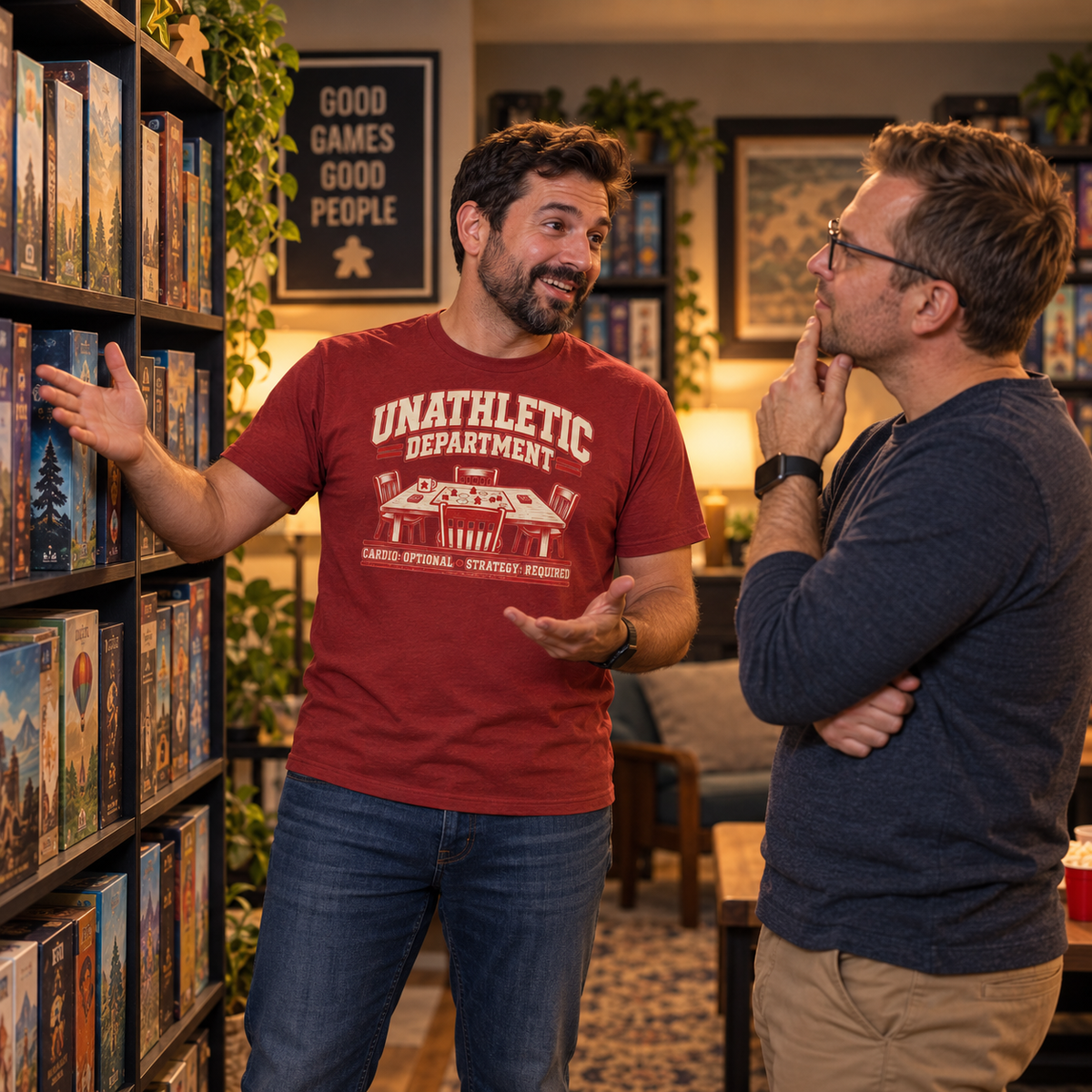 man in a board game t shirt explaining his shelf